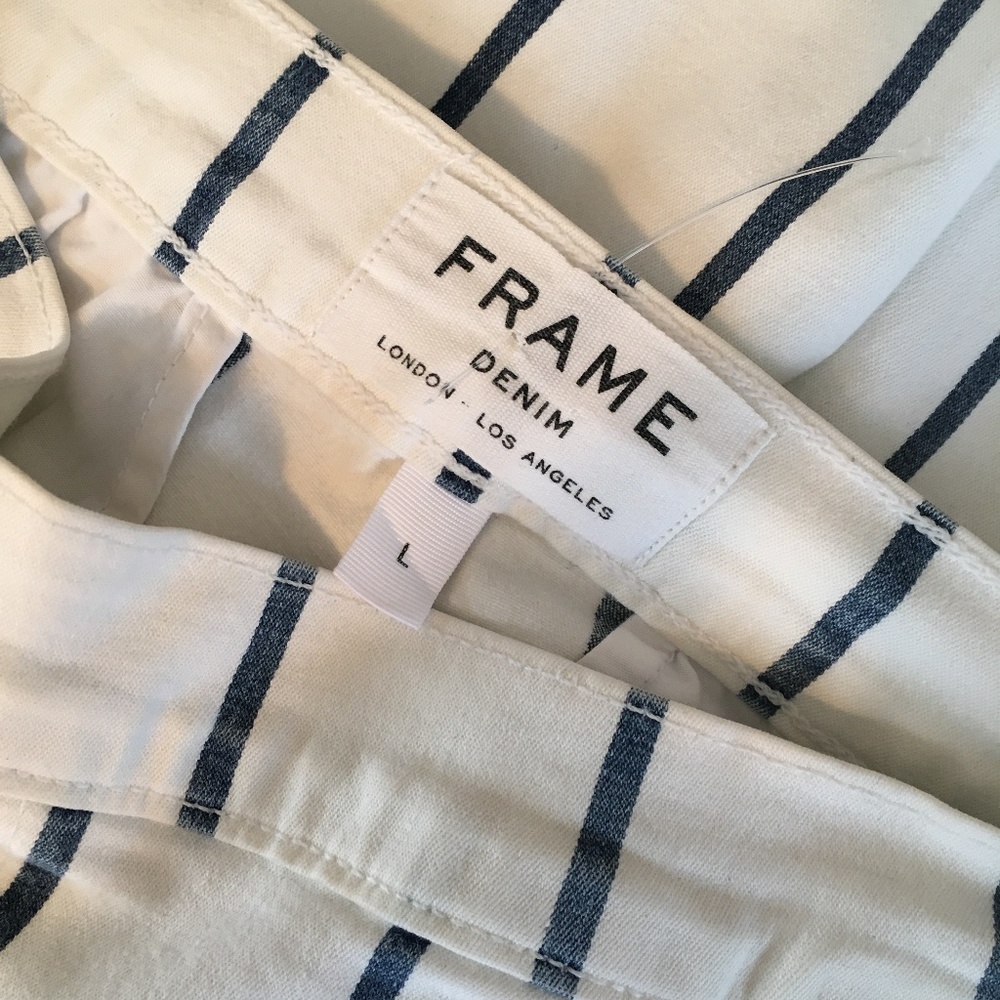 FRAME Denim Le High Waist Flare Side Zip Pants White & Blue Stripe ~ Large - Picture 12 of 16